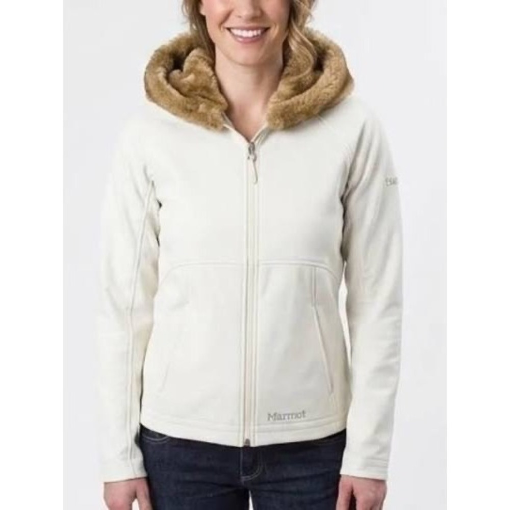 Marmot Womens Softshell Hooded Jacket Cream Faux Fur Trim Full Zip Off White
